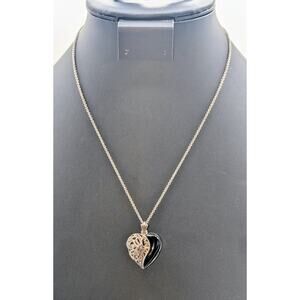 VTG 925 Sterling Marcasite Onyx Filigree Heart Locket 18" Chain Necklace 13.78g